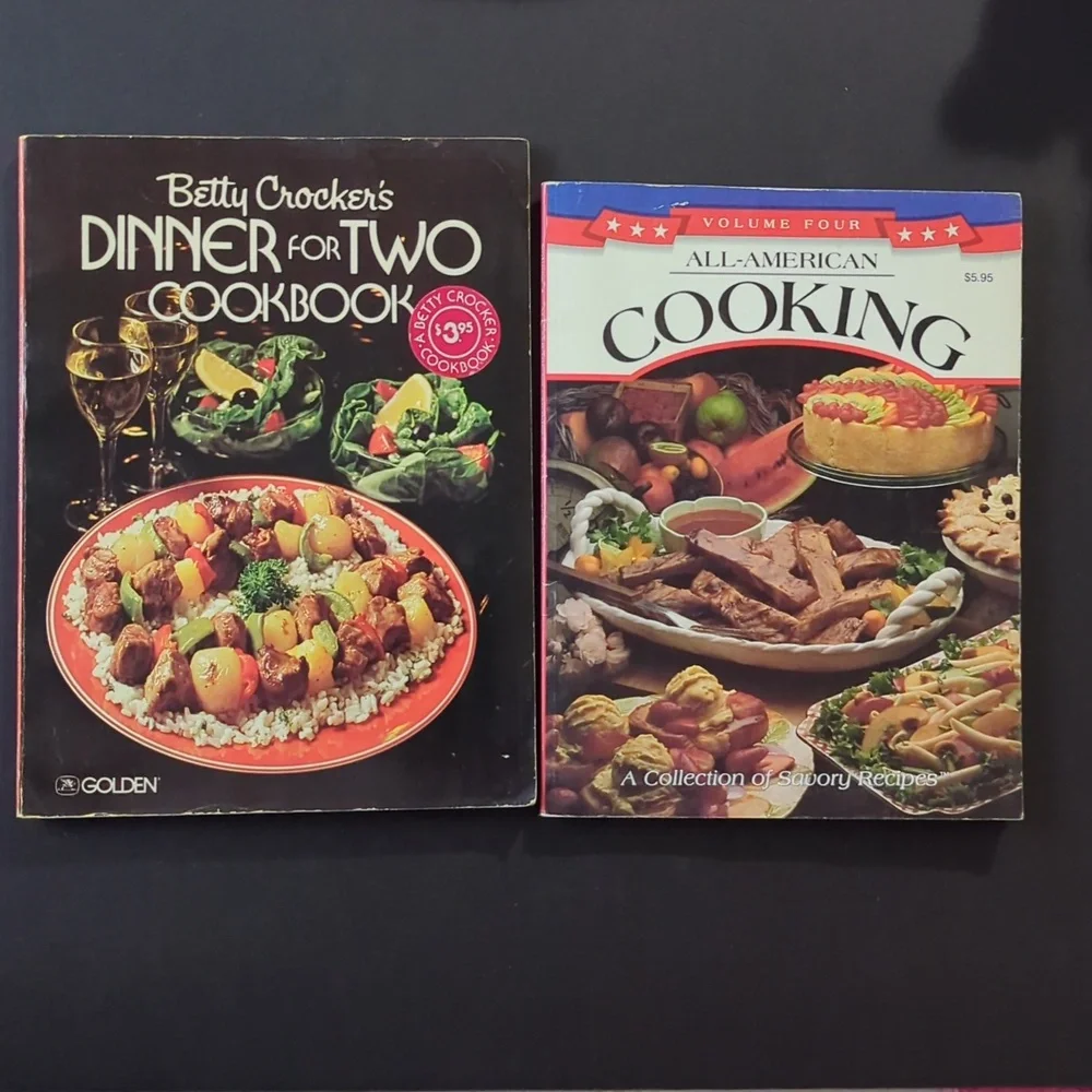 2 Cookbooks All American Cooking 1997 Betty Crocker’s Dinner for Two 1983